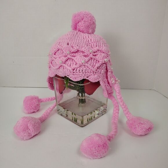 Handmade Crochet Pastel Beanie Winter Hat Baby /Toddler Tassel Pom Pom Pearls #4 - Picture 2 of 4
